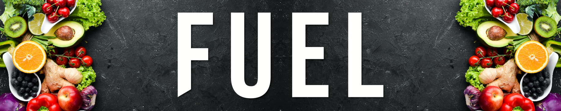 FUEL Coffeehouse and Kitchen wordmark framed by fresh fruit and vegetables