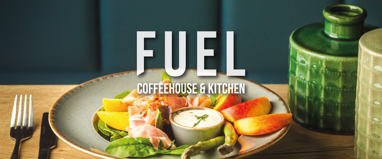 FUEL Coffeehouse and Kitchen branding over a colourful plate of fresh food