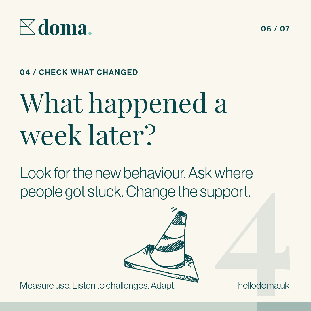 What happened a week later? Look for the new behaviour and listen to challenges.