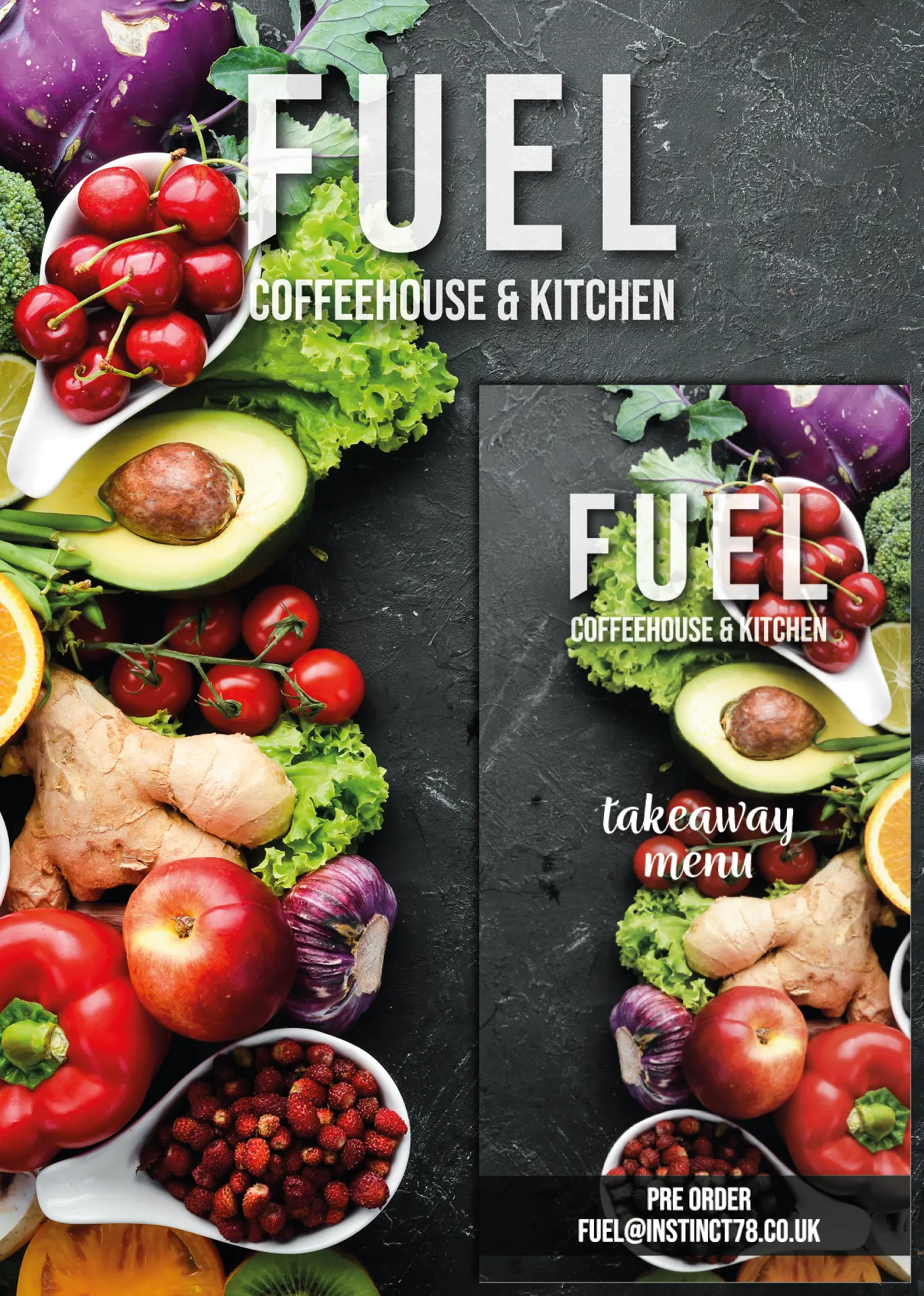 Large-format FUEL takeaway menu backboard surrounded by colourful fresh produce