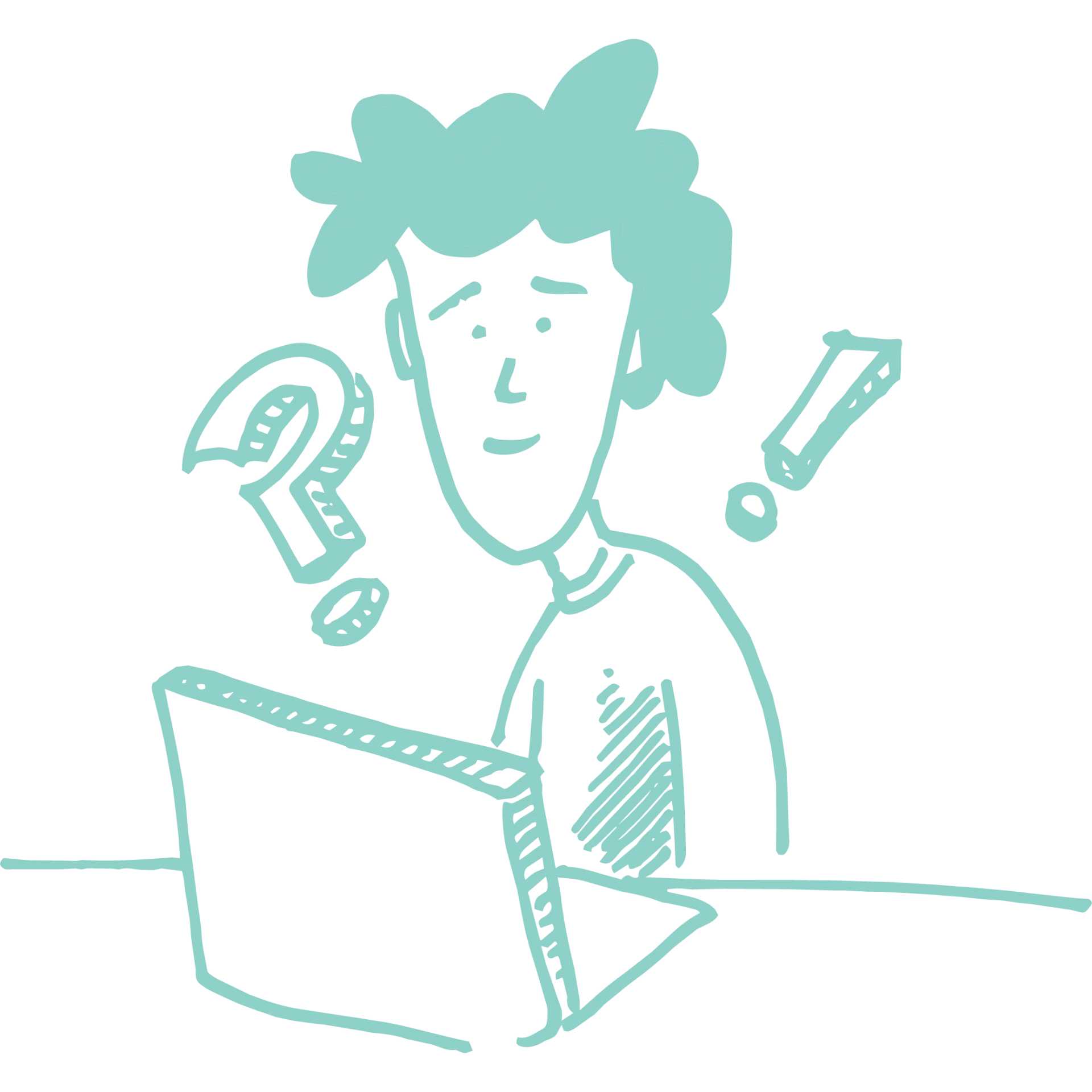 A person puzzling over a laptop, with a question mark and an exclamation mark above