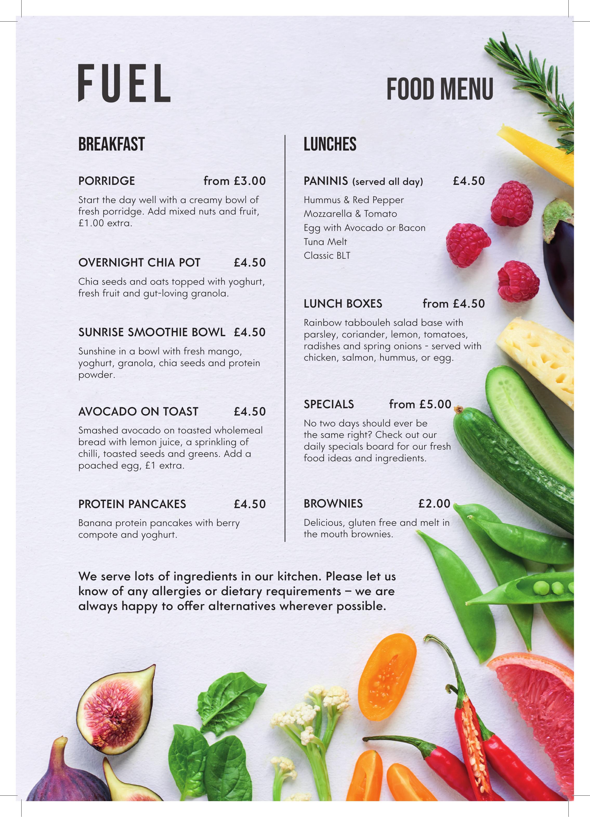 FUEL food menu featuring breakfast, lunches and daily specials