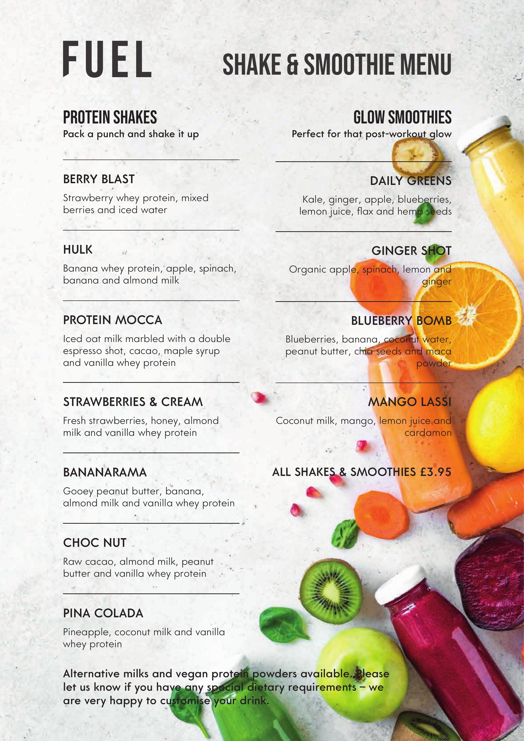 FUEL protein shake and smoothie menu