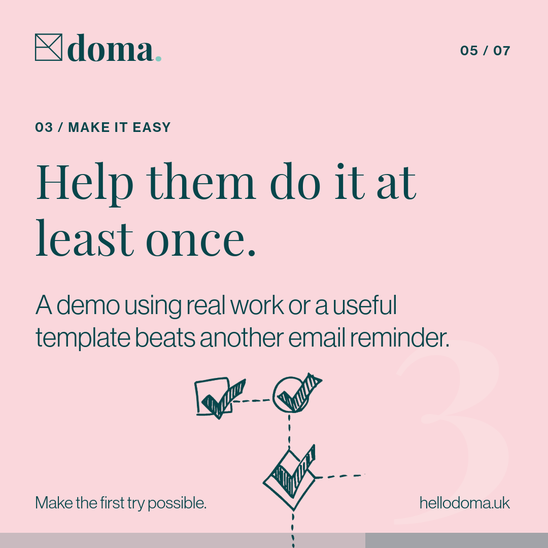 Help them do it at least once, using a real-work demo or useful template.